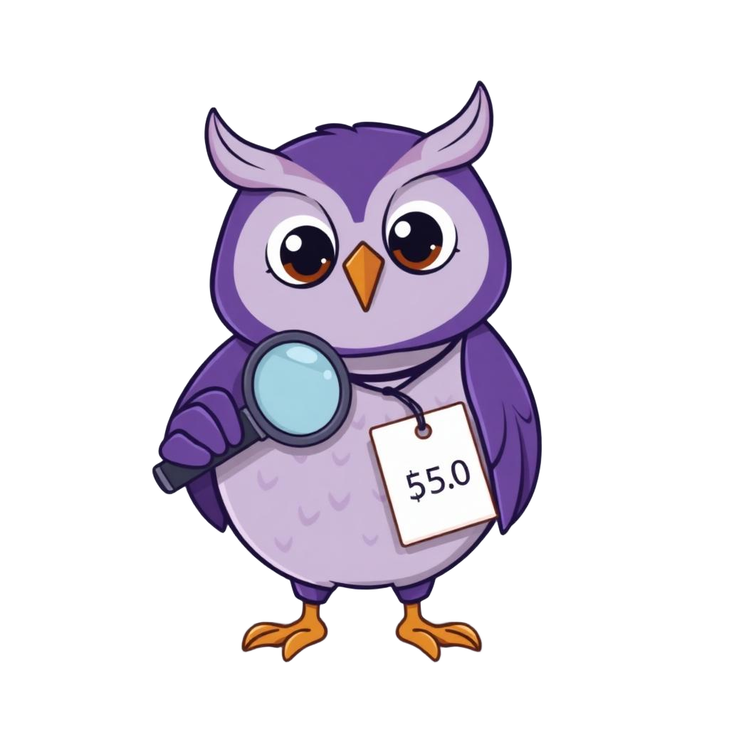 PriceOwl mascot — a friendly purple owl wearing glasses, the brand character of PriceOwl